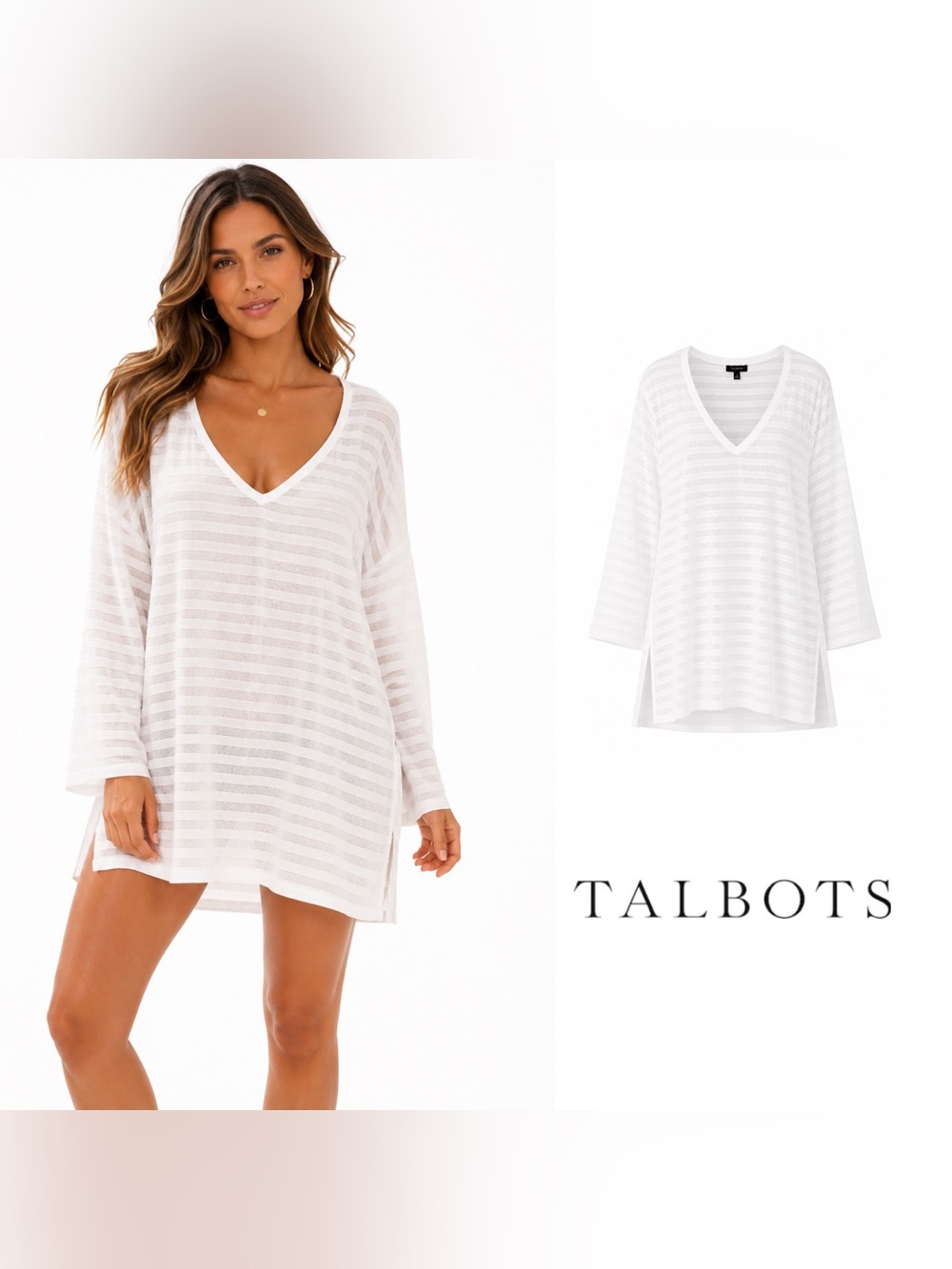 NEW Talbots White Semi-Sheer Striped V-Neck Swim Coverup